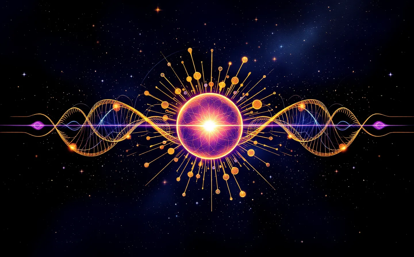 An Afrofuturist cosmic-codex emblem of CJC-1295's two forms in mirrored symmetry — a gold peptide coil bonded to a violet albumin sphere (the long-acting DAC form) mirrored by a short bare gold coil (the no-DAC form), joined at a gold diamond axis, on a deep cosmic indigo ground